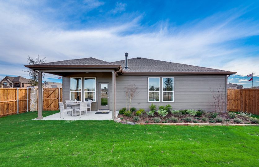 Spacious, fenced-in backyard with covered patio*model representation