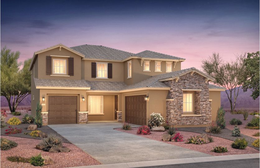Exterior rendering shown in design style B. This design features decorative stone accents for maximu