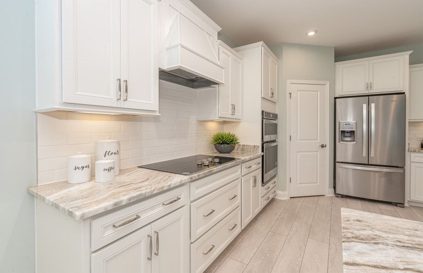 Cooktop and range hood in the large gourmet kitchen.