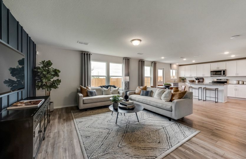 Gathering room with view of kitchen
