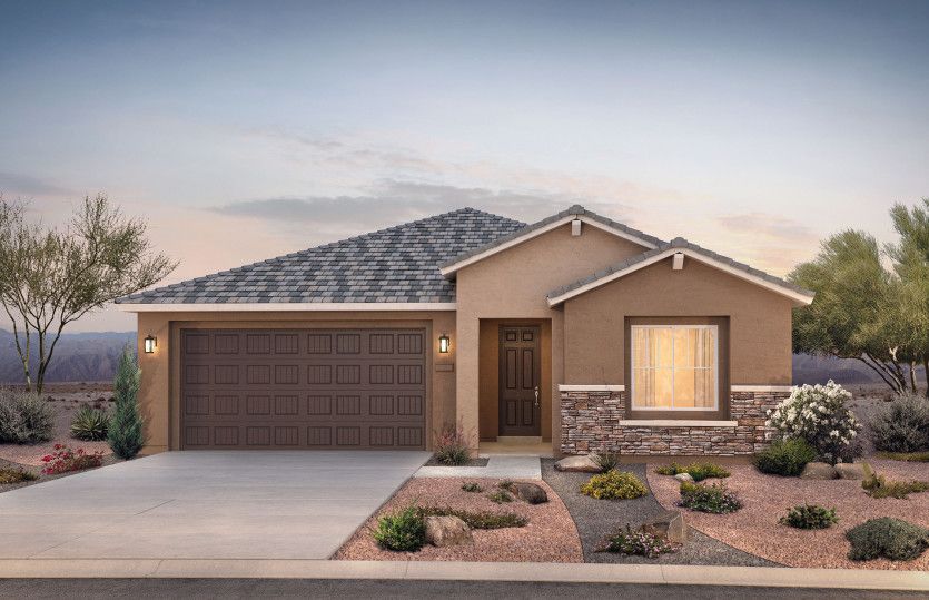Single-story Brownstone plan shown in Elevation B with a two-car garage and stunning brick accents.