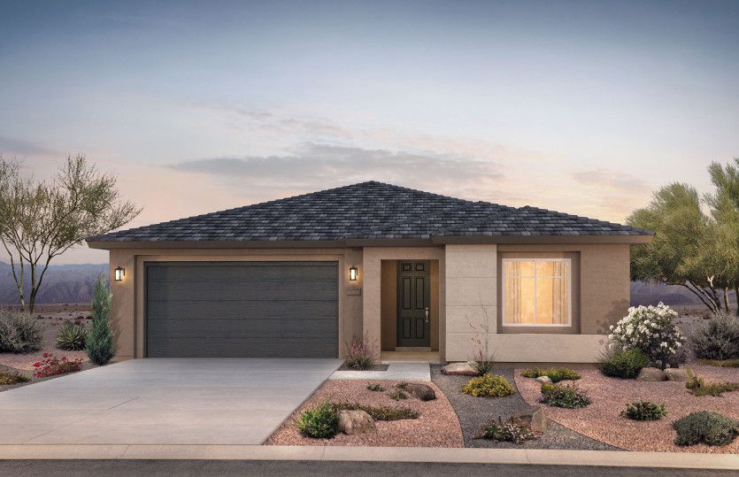Single-story Brownstone plan shown in Elevation C with a two-car garage and different color stucco f