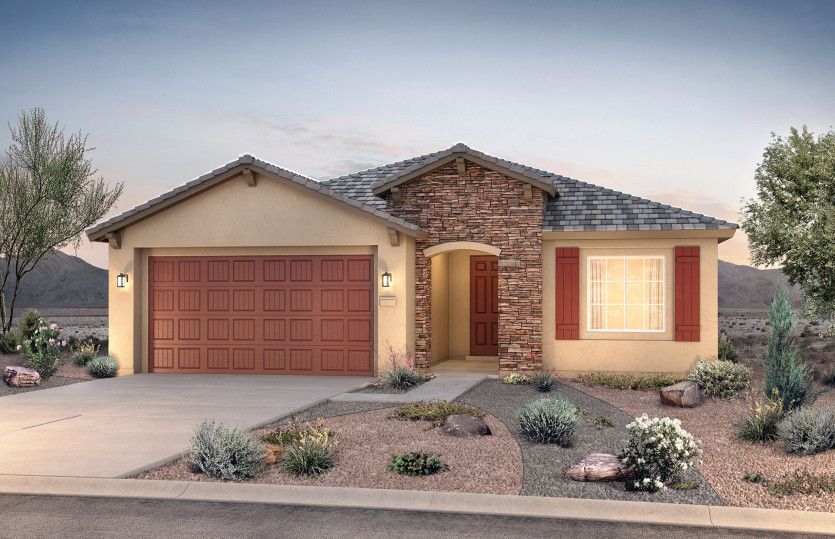 Single-story Gateway plan shown in Elevation B with a two-car garage and stunning stone accents.