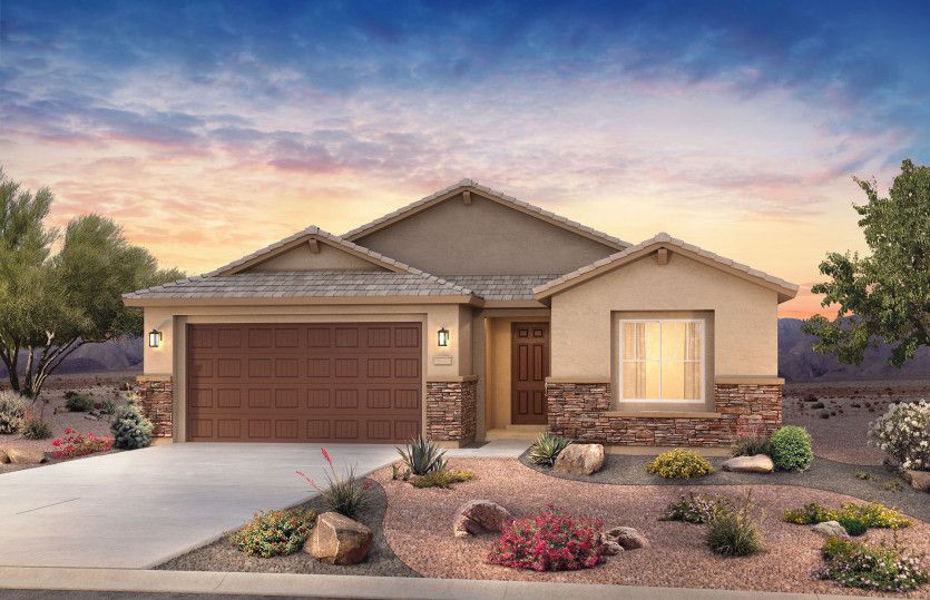 Single-story Tifton Walk floorplan shown in Elevation B with a two-car garage and stunning stone acc