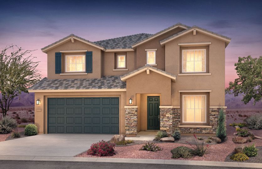 Two-story Monza floorplan shown in Elevation B with a two-car garage and stunning stone accents.