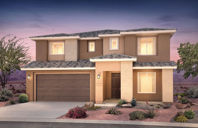 Two-story Monza floorplan shown in Elevation C with a two-car garage and different color stucco for