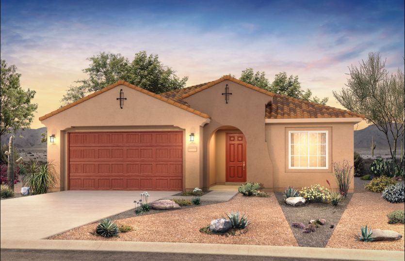 The included Home Exterior A on the Gateway home design with a tile roof, front yard landscaping and