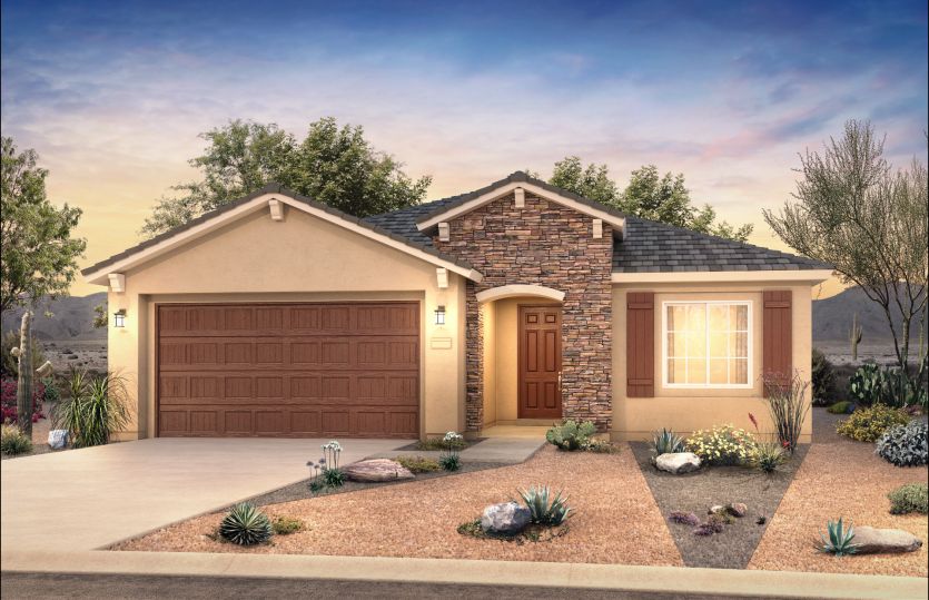 Enhance curb appeal with the Home Exterior B designed with stone veneer and a tile roof.
