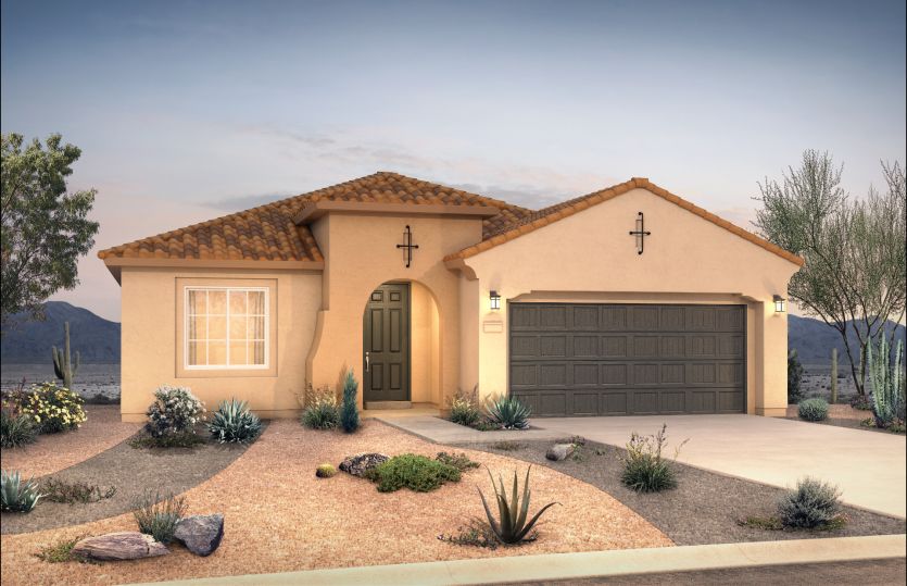 The Manzanita shown in Elevation A with a 2.5 car garage and stylish tan stucco.