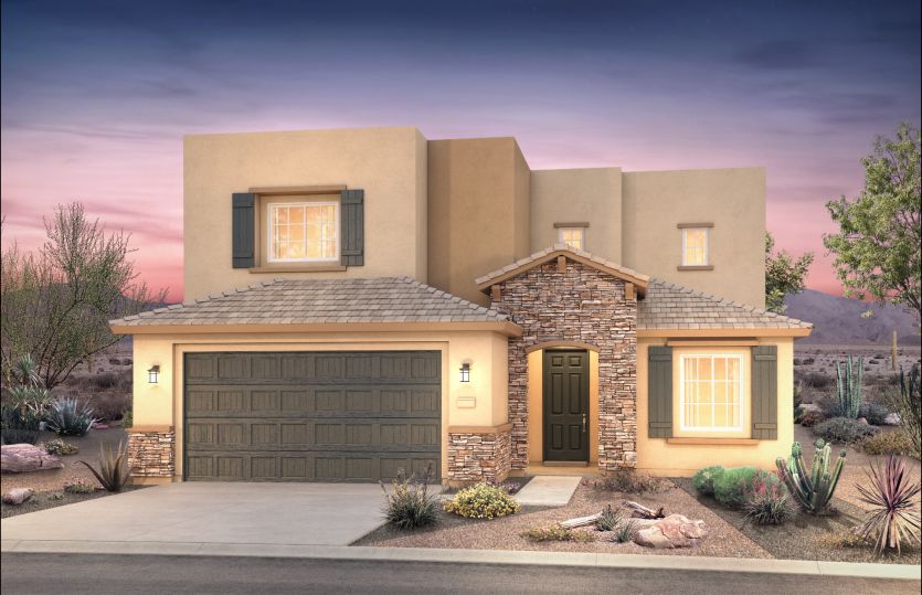 The two-story Yucca shown in Elevation B with stunning stone accents.