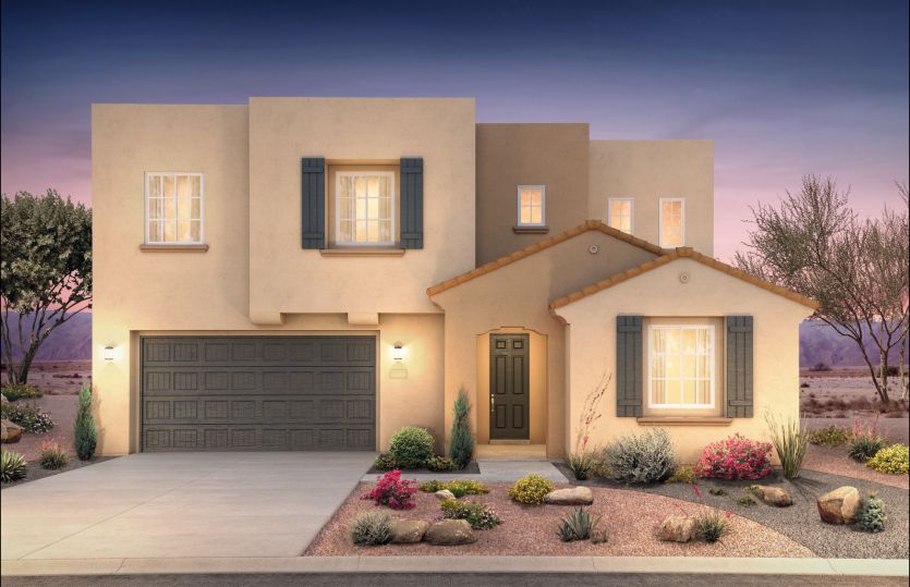 The two-story Preston home design shown in Elevation A with tan stucco color options.