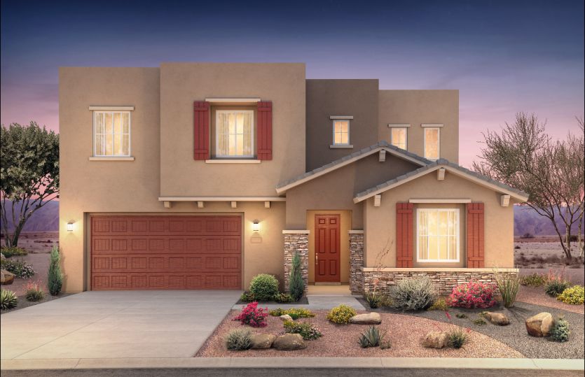The two-story Preston home design shown in Elevation B with stunning stone accents.