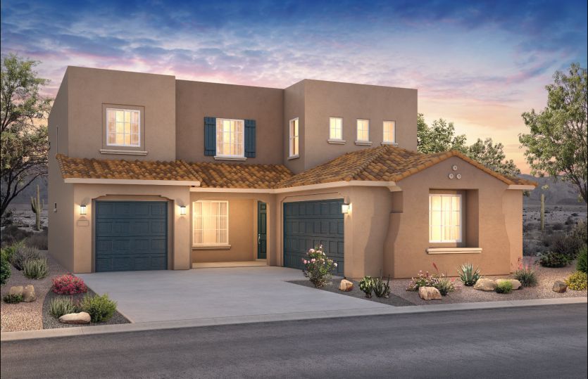 The two-story Starwood shown in Elevation A boasts dark tan stucco colors.