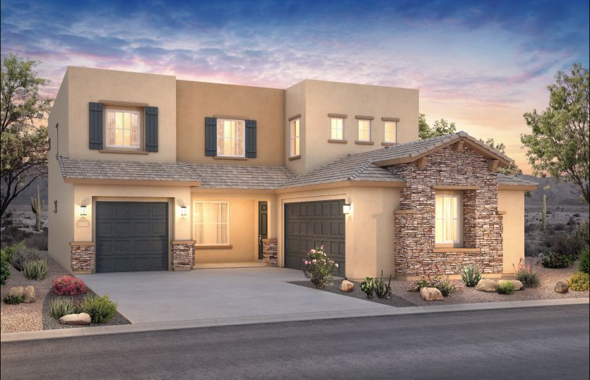 The two-story Starwood plan in Elevation B boasts stunning stone accents.