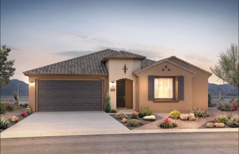 Home Exterior A of the Stella home design at Colibri includes two-tone paint, front landscaping and
