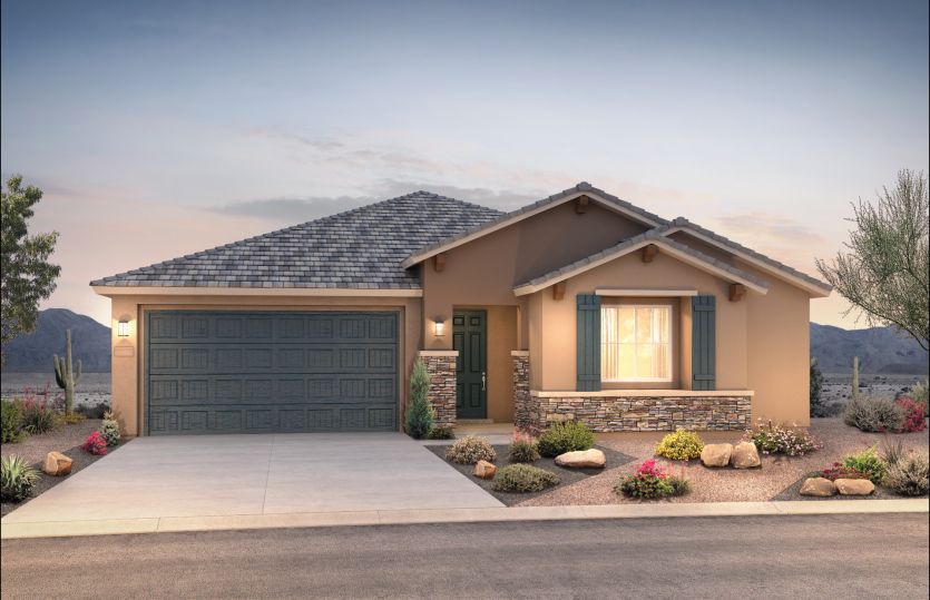 Home Exterior B at Colibri includes a stone veneer exterior with many color selections for maximum c