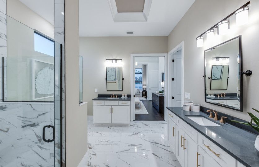 Spa-like bathroom with dual vanities
