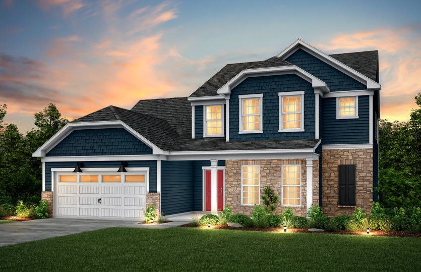 Furman Exterior 6 features stone, siding, shakes, covered front siting porch and 2 car garage