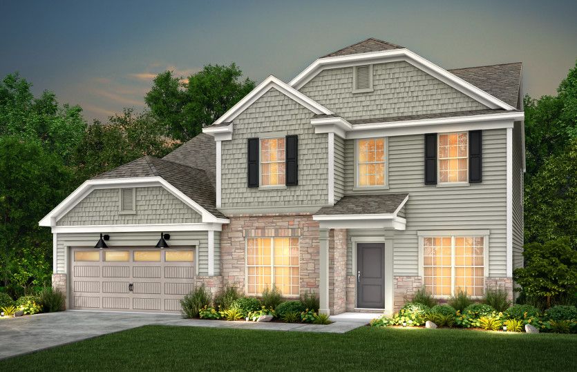 Riverton Exterior 6 features stone, siding, shakes, covered front door and 2 car garage