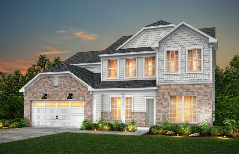 Wingate Exterior 6 features stone, siding, shakes, covered front sitting porch and 2 car garage