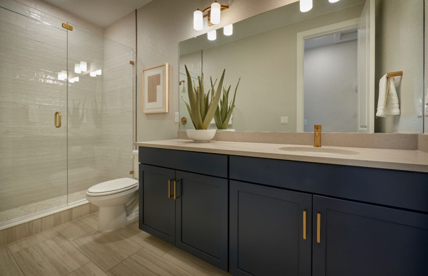 Basement bathroom featuring a large vanity and walk-in shower.