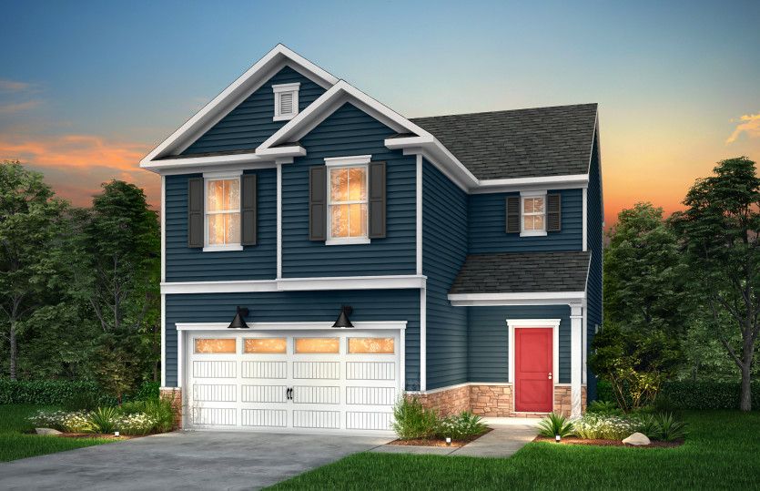 Douglas Exterior LC2H features siding, stone accents, covered front porch and 2 car garage