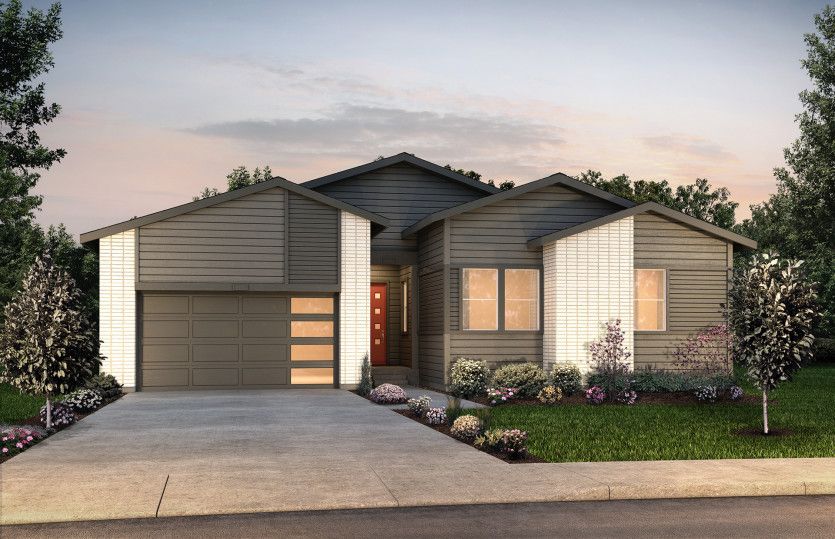 Single-story Easton plan shown in Elevation B with a three-car garage and a modern design.