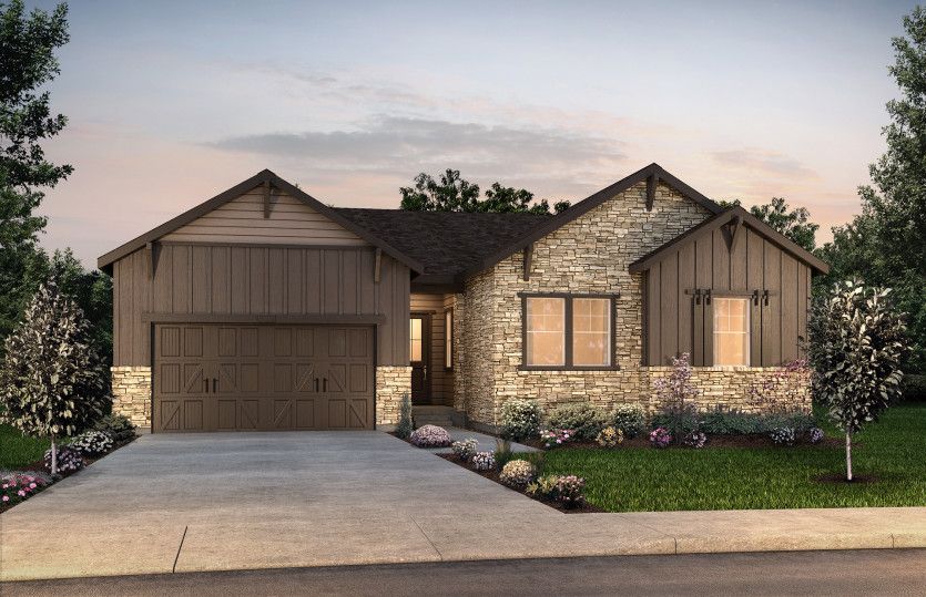 Single-story Easton plan shown in Elevation C with a three-car garage and stunning accents.