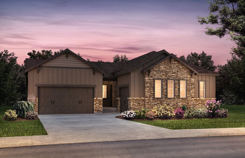 Single-story Cesena shown in Elevation C with a three-car garage and stunning accents.