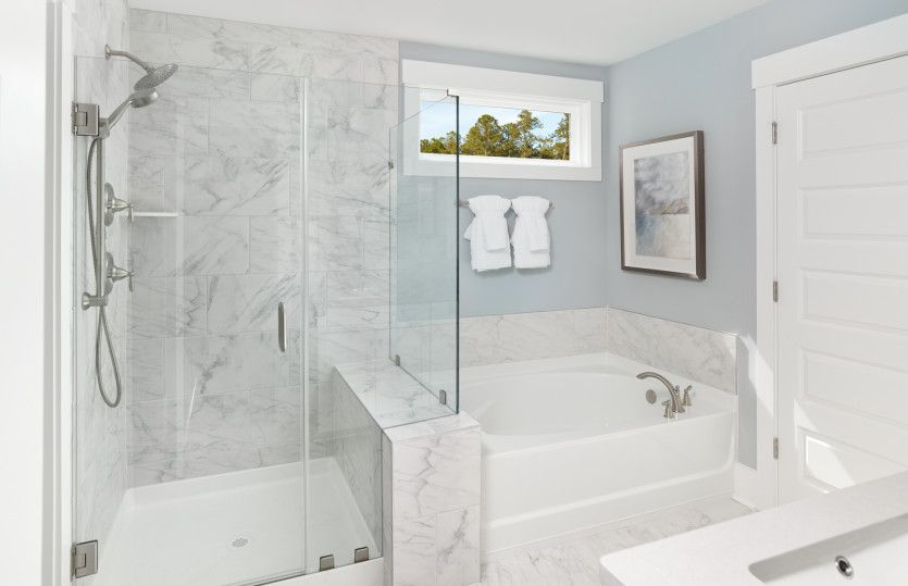 Owner's bath with a frameless walk-in shower and tub.