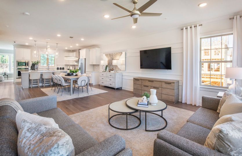 Spacious gathering room open to café and kitchen spaces