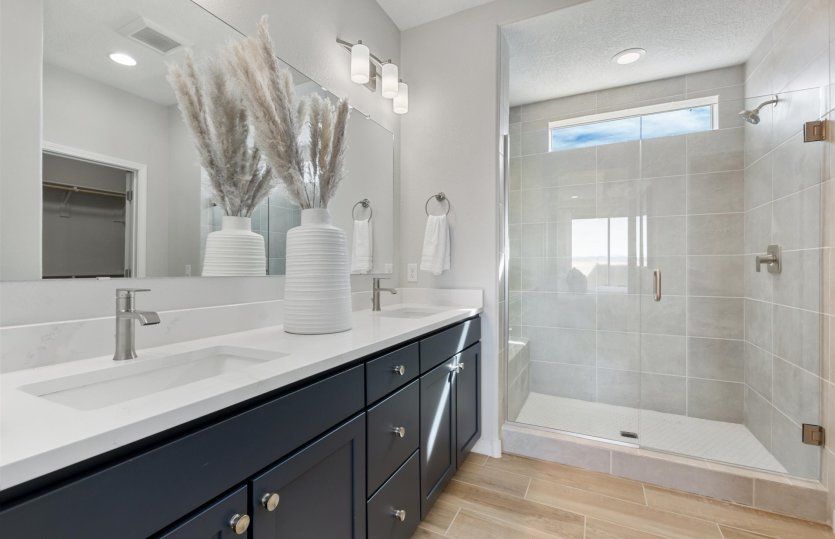 Owner's bath designed with a dual vanity and large walk-in shower.