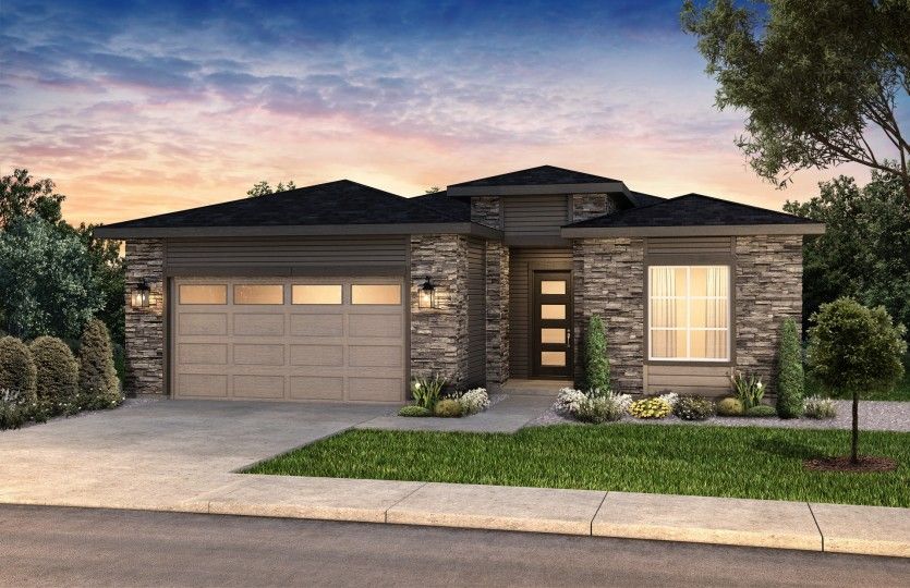 The Prairie elevation boasts a contemporary design with stylish stone accents throughout.