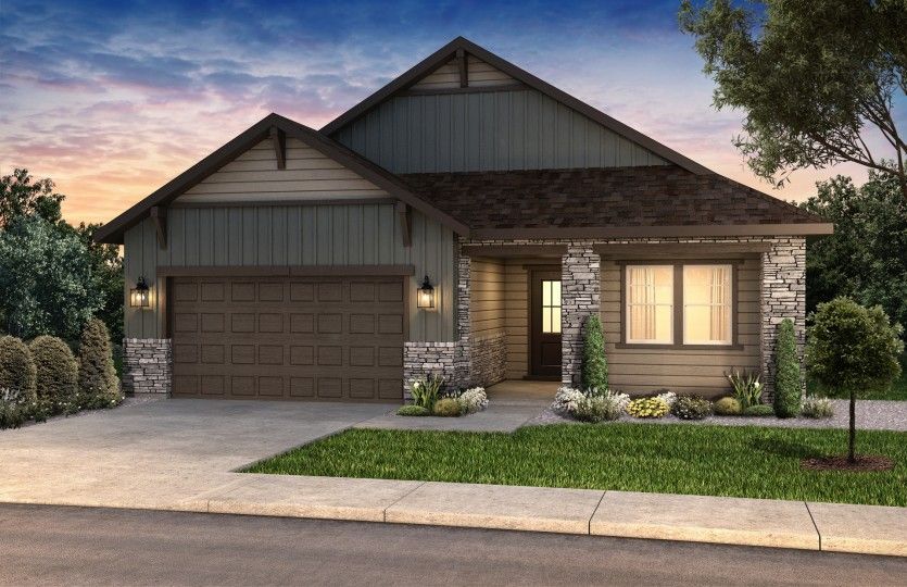 Enjoy classic elegance with the Colorado Ranch elevation featuring classic colors and stone accents.