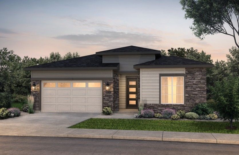 The Prairie elevation boasts a contemporary design with stylish stone accents throughout.