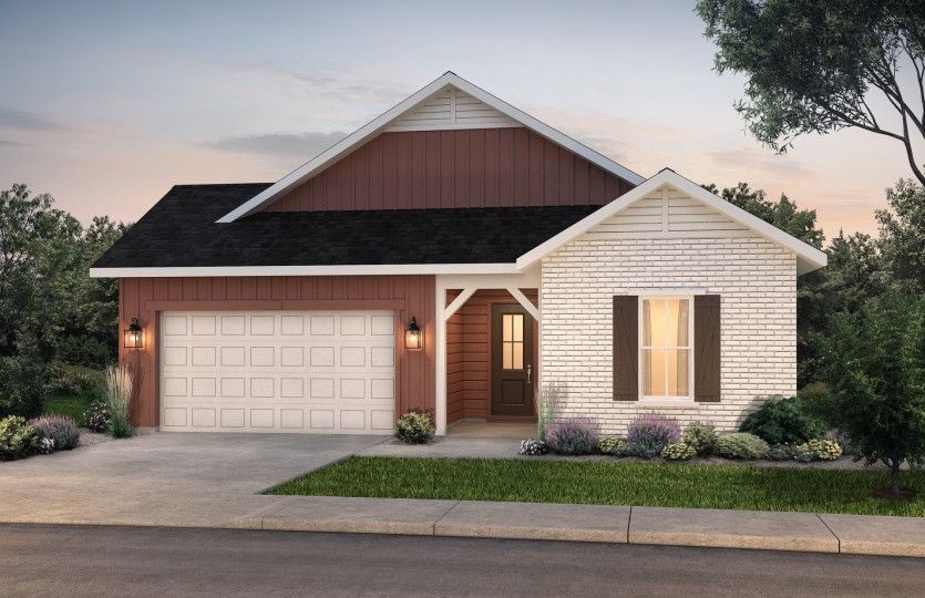 The classic Farmhouse elevation boasts stylish brick accents and window shutters for added curb appe