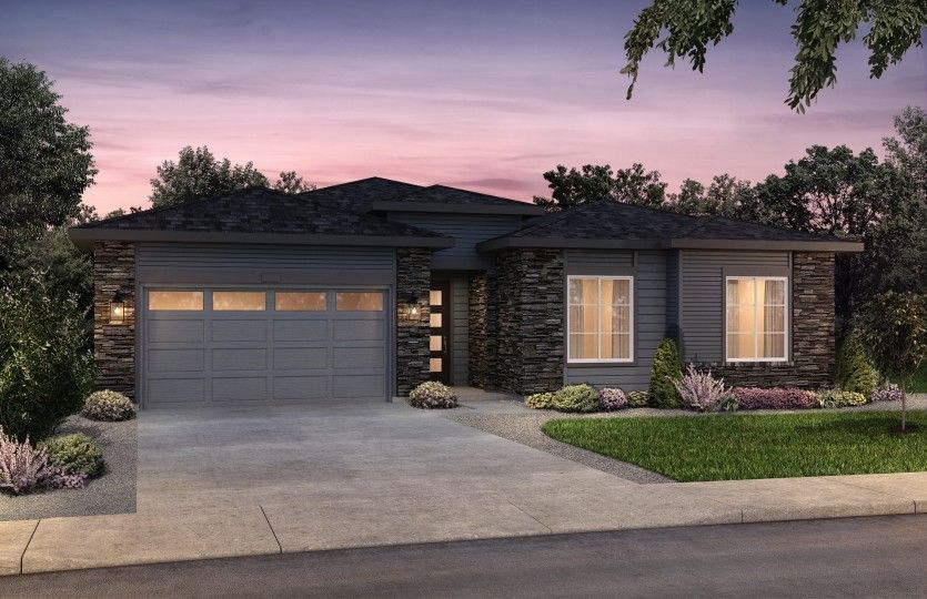 The Prairie elevation boasts a contemporary design with stylish stone accents throughout.