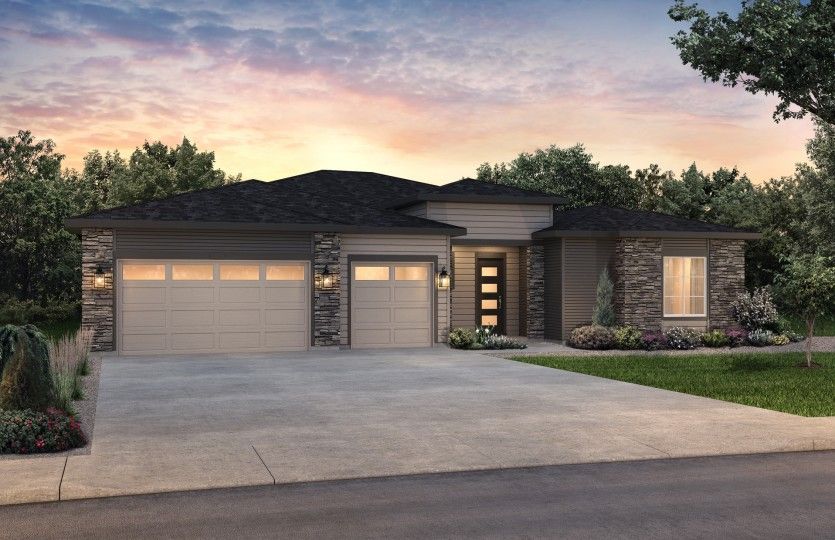 The Prairie elevation boasts a contemporary design with stylish stone accents throughout.