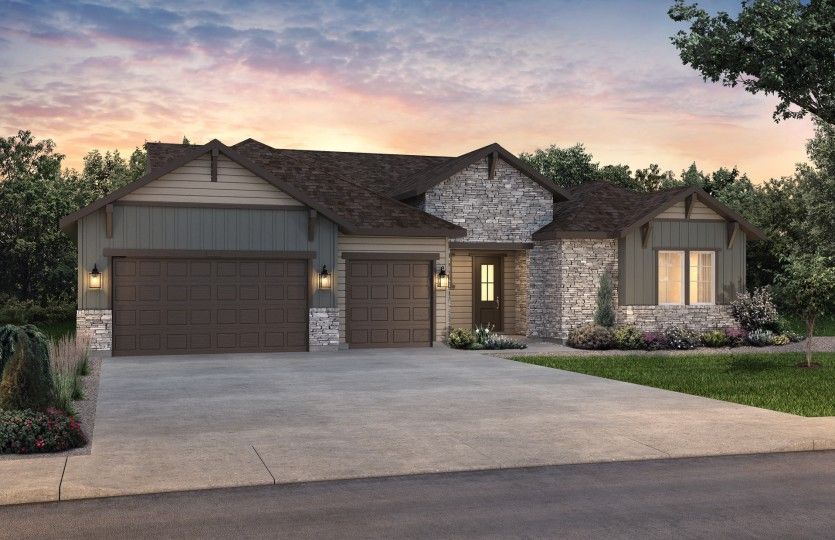 Enjoy classic elegance with the Colorado Ranch elevation featuring classic colors and stone accents.