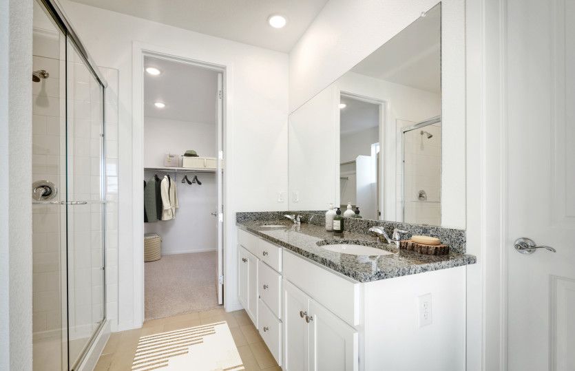 The owner's bath features a walk-in shower and a dual sink vanity.