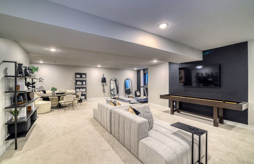 The optional finished basement adds an additional living space and two bedrooms.