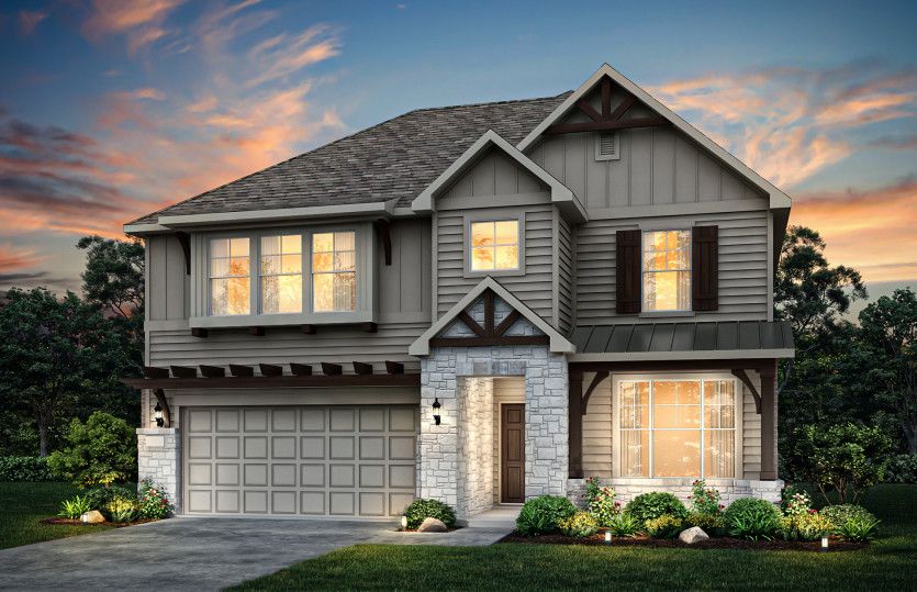 Exterior K, with covered front porch, stone accents, and a 2-car garage