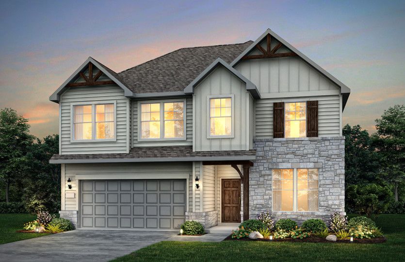 Exterior L, with covered front porch, stone accents, and a 2-car garage