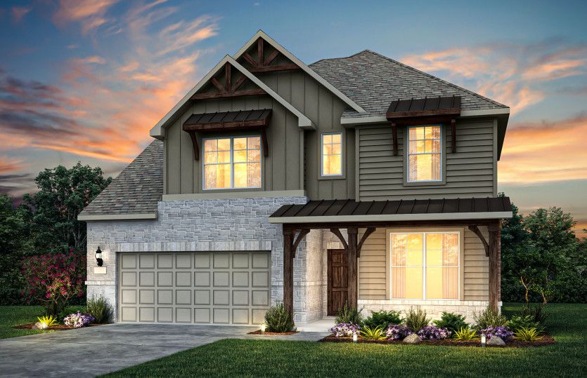 Exterior K with wood shutters, stone accents, and 2-car garage with additional storage