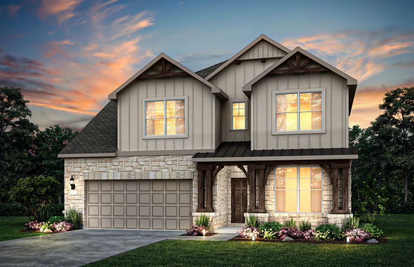 Exterior M with wood shutters, stone accents, and 2-car garage with additional storage