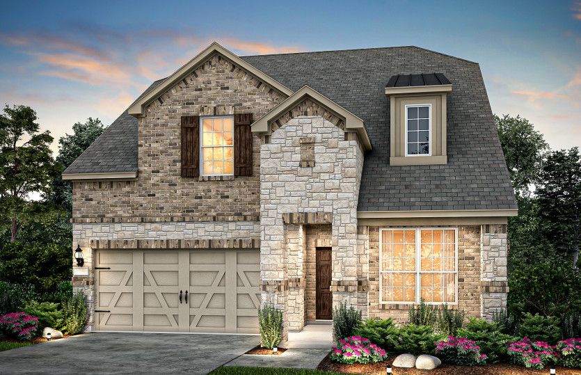 The Riverdale, a two-story home with 2-car garage, shown as Home Exterior D