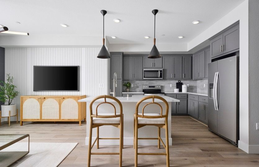 Modern kitchen with view of the gathering room