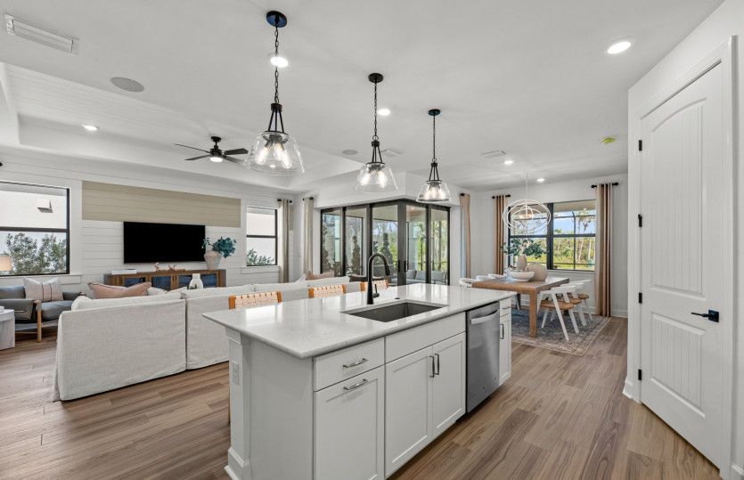 Connected kitchen, gathering room, and café
