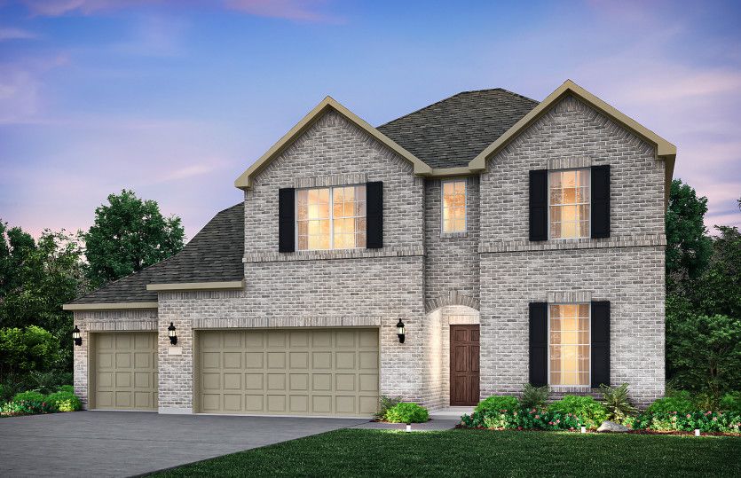 The Lexington, a two-story home with 3-car garage, shown as Home Exterior A