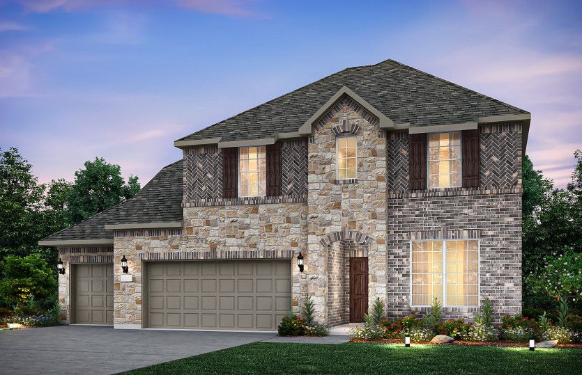 The Lexington, a two-story home with 3-car garage, shown as Home Exterior D